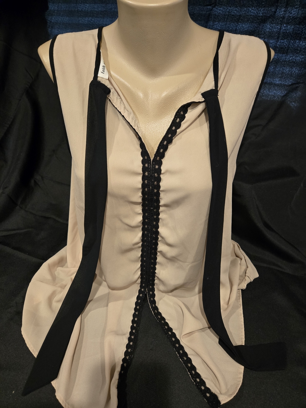 Faith and Joy Beige Sleeveless Top with Black Trim and Ties